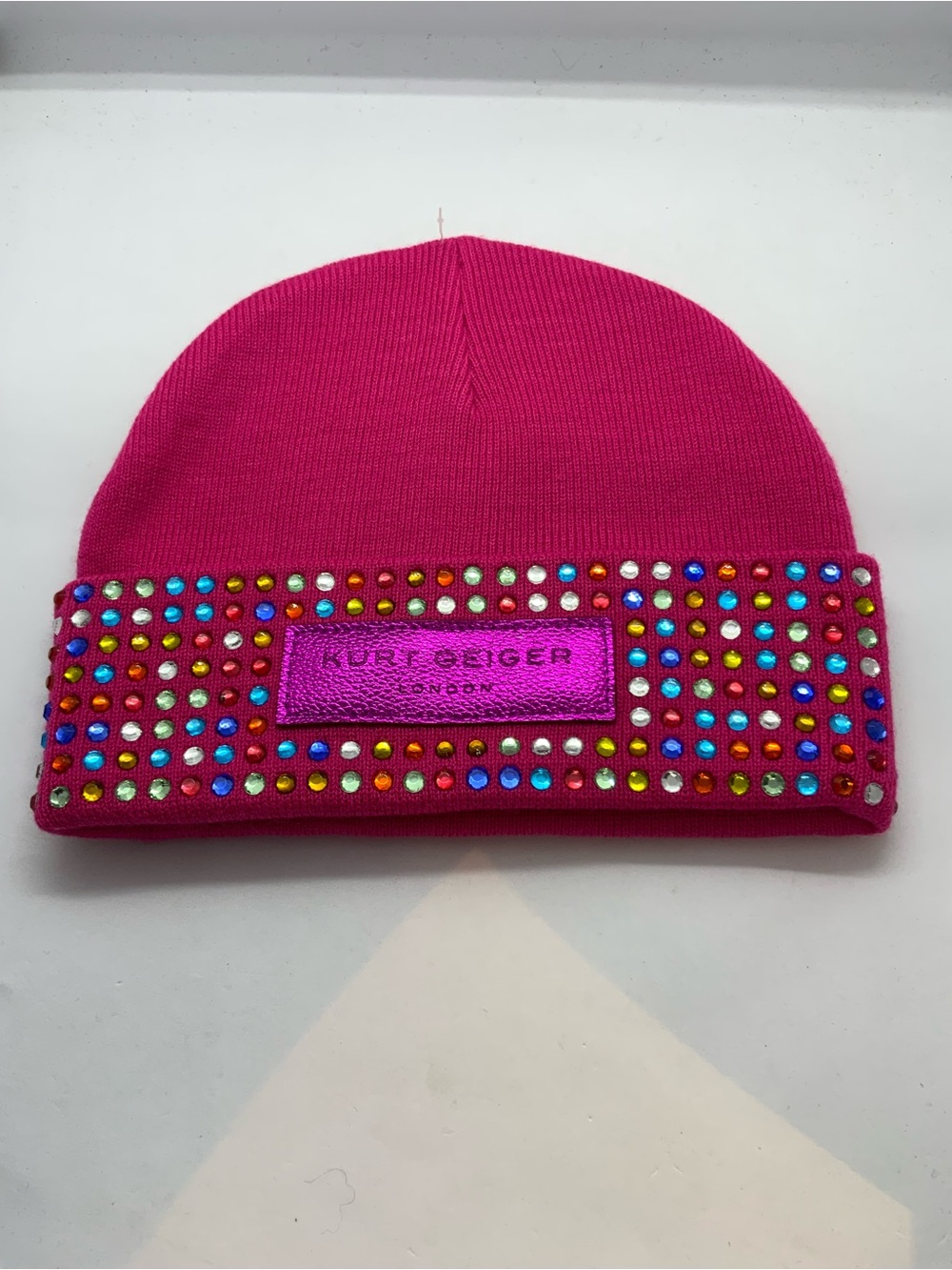 Kurt Geiger Bright Pink Crystal-Studded Knit Beanie